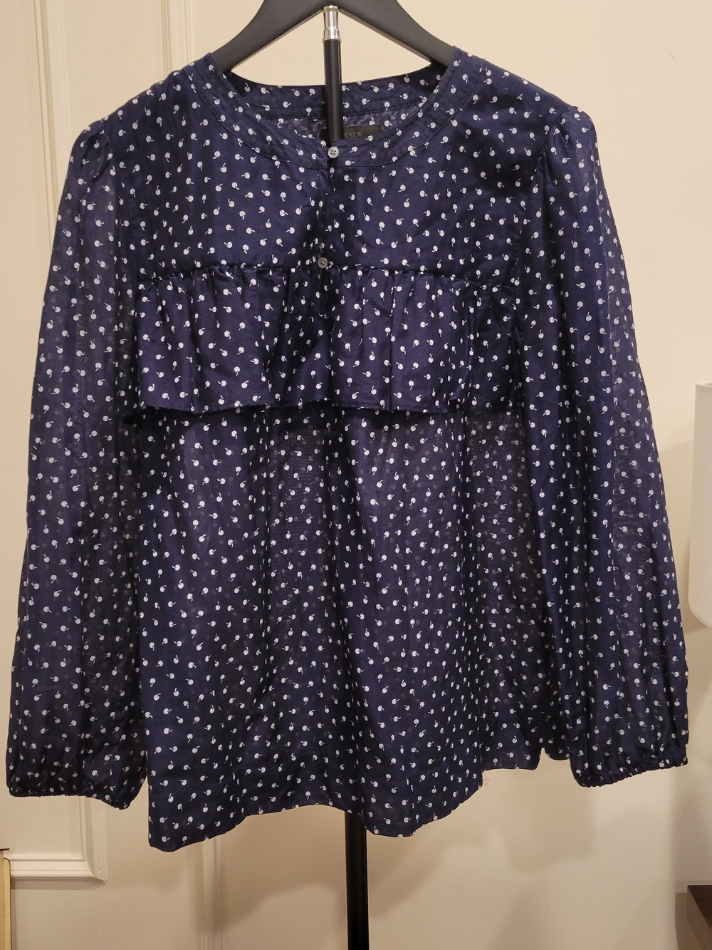J. Crew Navy Blouse with White Apples Cute Ruffle